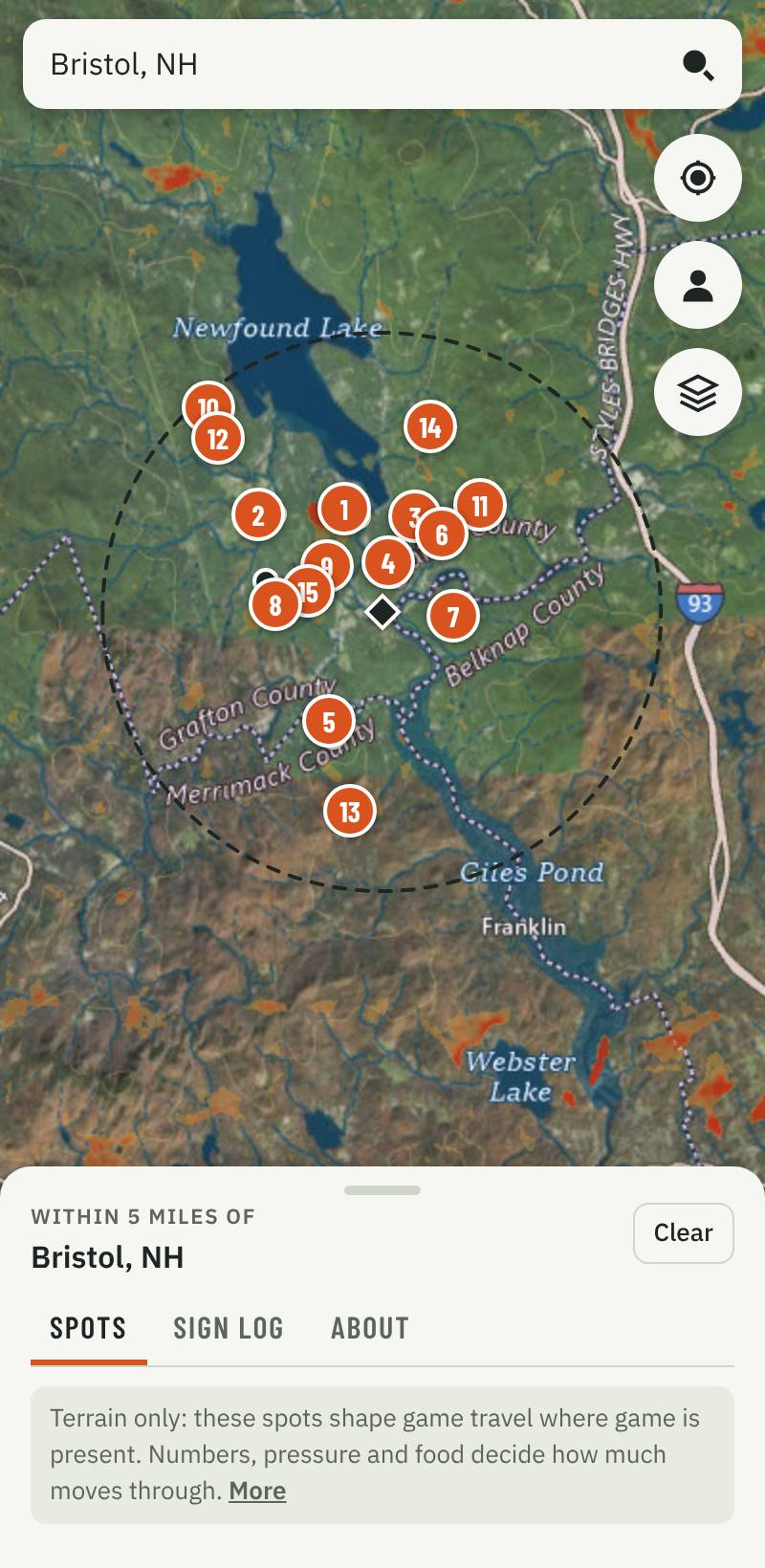 Funnel Finder on a phone: 15 ranked spots inside a 5-mile ring around Bristol, New Hampshire, with travel corridors shaded on an aerial map