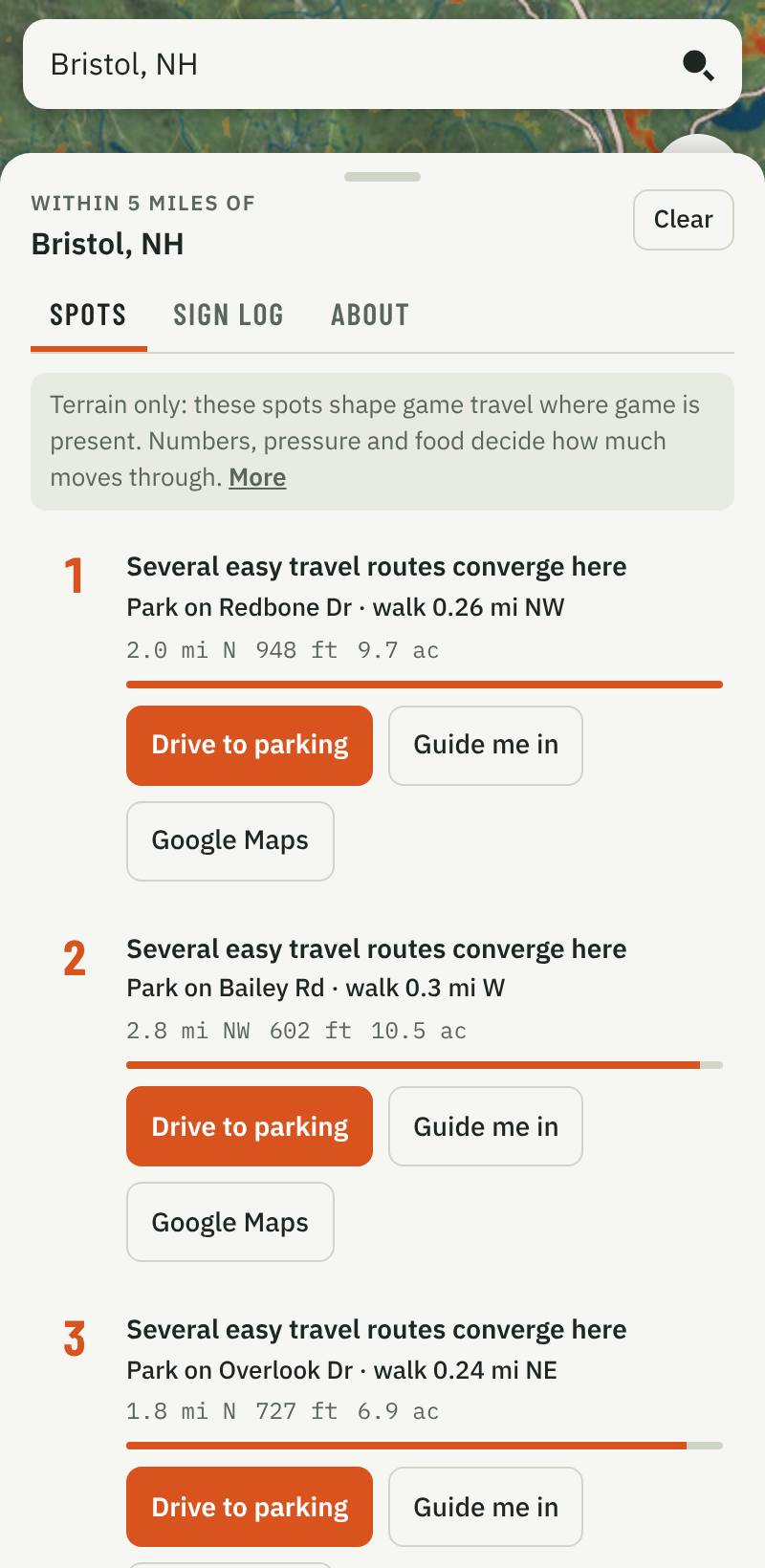 Funnel Finder spot list: why each spot ranks, with Guide me in buttons
